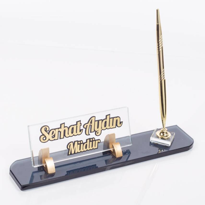Viva Tek Kalemli Kristal Kabartma Masa İsimliği Ofis Hediyesi Masa Üstü Cam İsimlik - 3
